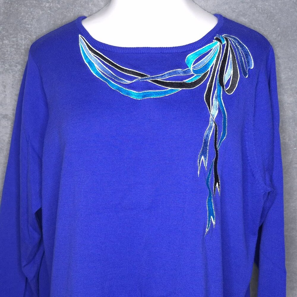 Vintage Bob Mackie Wearable Art 2X Blue Pullover Sweater Long Sleeve Embroidered